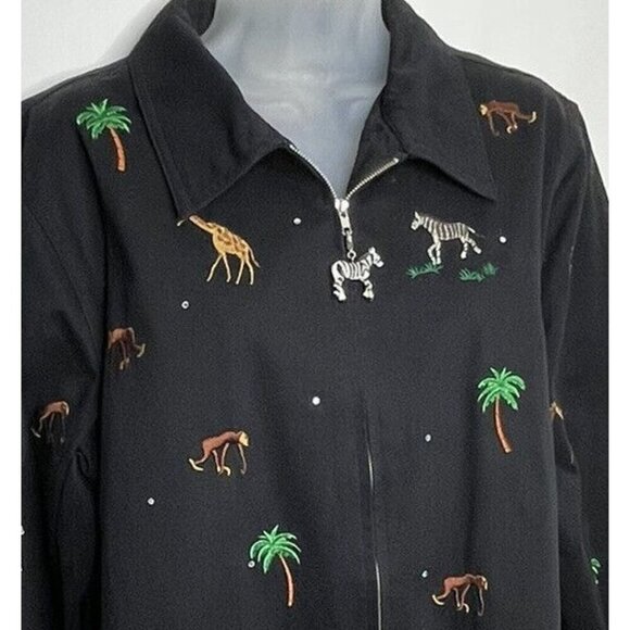 Quacker Factory Jacket Black Embroidered Jungle Animals Palm Trees Zip Up Casual - Picture 3 of 15